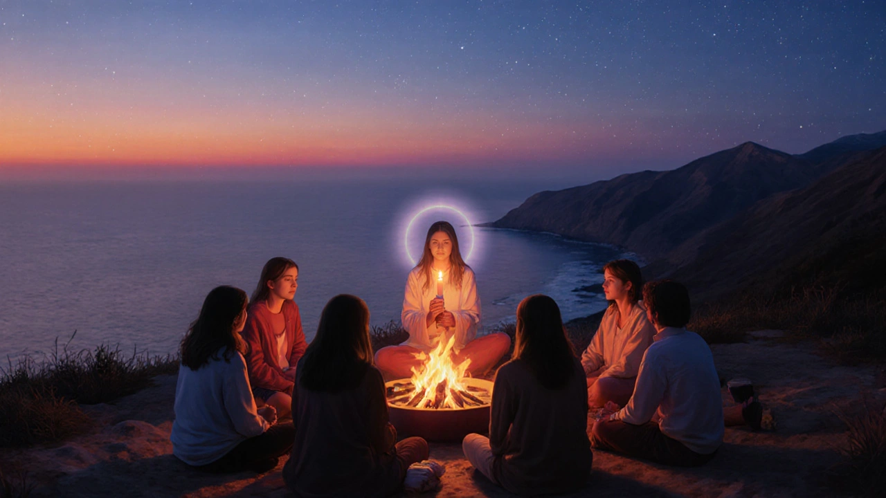 Ceremonia de cierre al atardecer en Esalen, círculo alrededor de fuego y luz envuelve a los asistentes.
