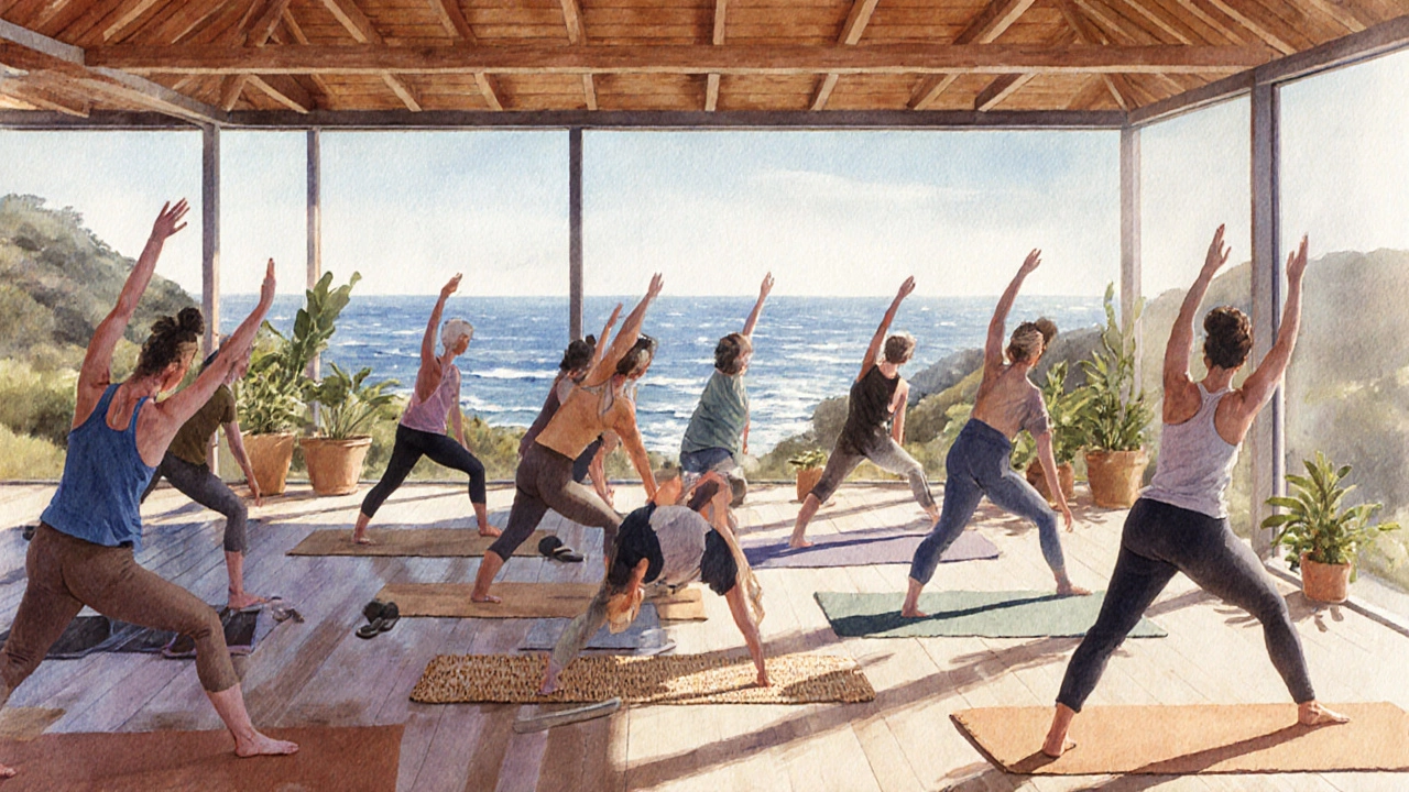 Clase de yoga en el interior de Esalen con ventanales al mar y participantes en posturas fluidas.