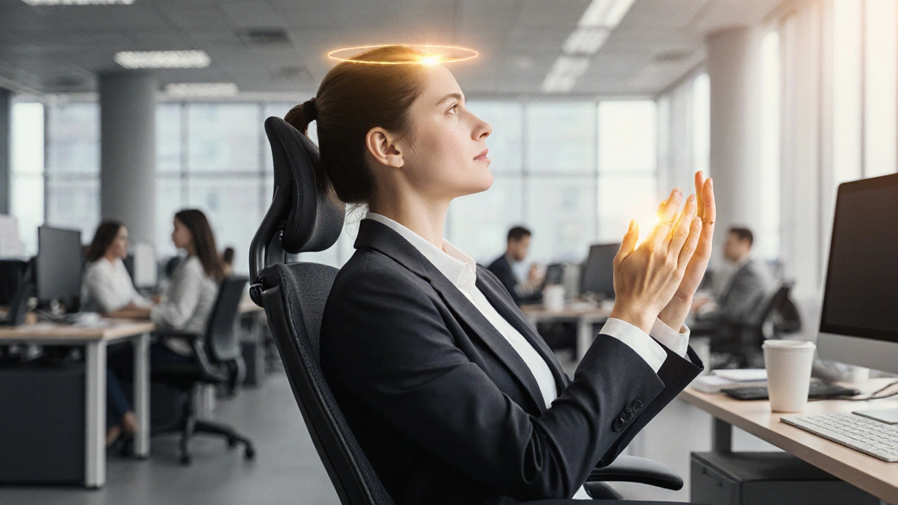 Ejecutiva en oficina realiza una breve sesión de Acu‑Yoga, aplicando presión en LI4 y mostrando calma.