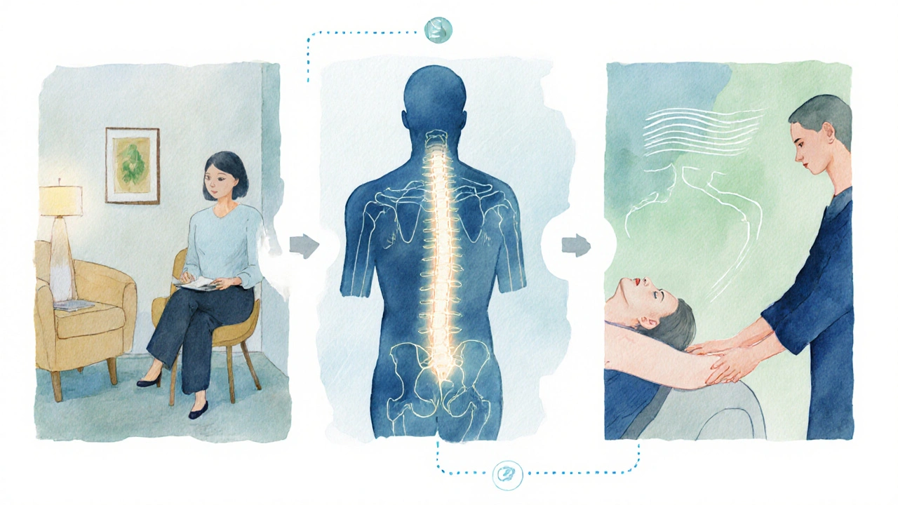 Ilustración acuarela que muestra entrevista, evaluación postural y sesión de ortho‑bionomy.