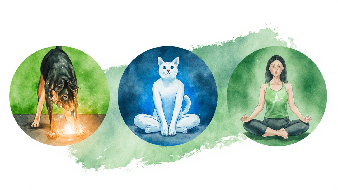 Secuencia de Acu‑Yoga: perro boca abajo con presión en ST36, gato‑vaca con Ren12 y respiración con LI4.