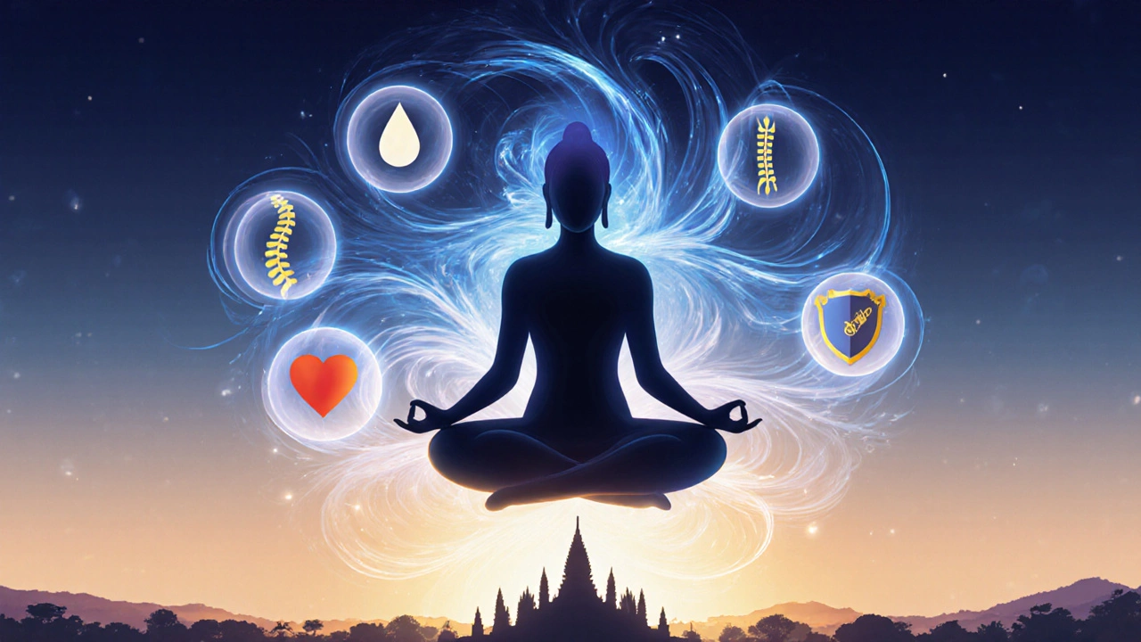 Silueta humana rodeada de energía prana que simboliza alivio del estrés, flexibilidad y mejor circulación.