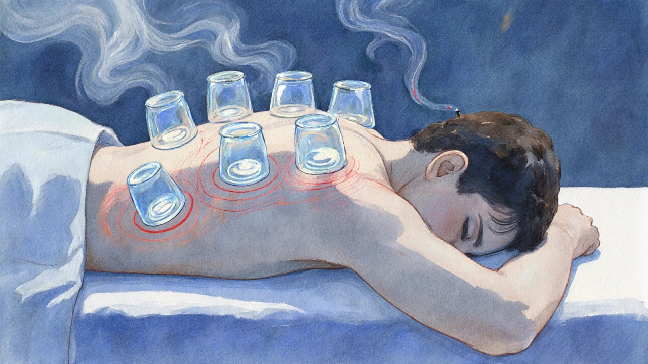 Cupping deslizante sobre la espalda con marcas suaves y luz cálida, en estilo acuarela.