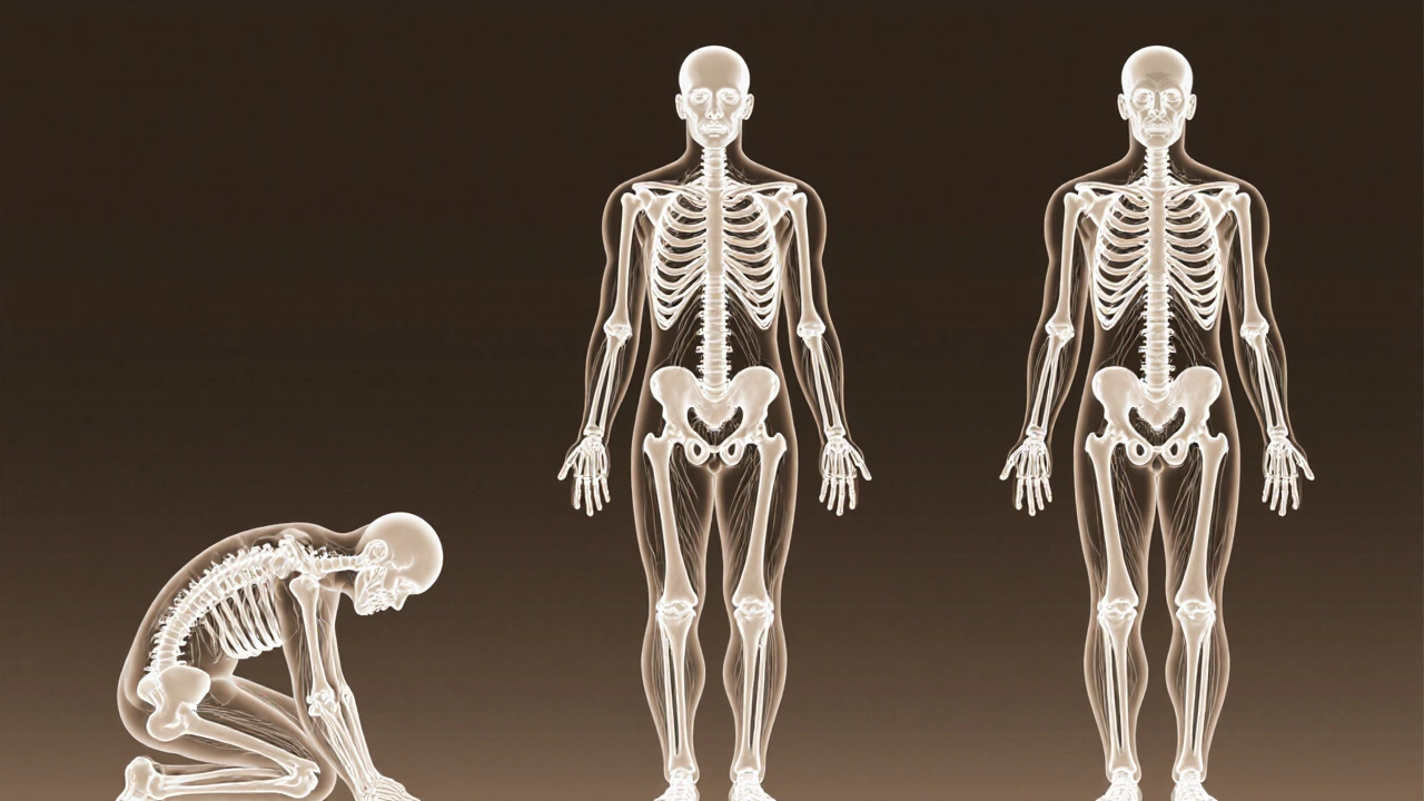 Ilustración artística del cuerpo humano en tres fases de alineación postural durante el Rolfing.