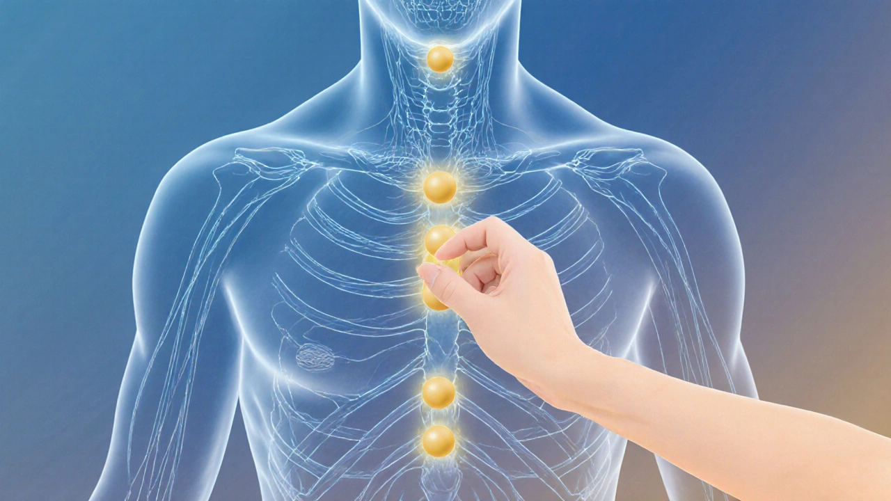 Ilustración de un cuerpo con puntos de acupresión iluminados y líneas de energía fluyendo por los meridianos.