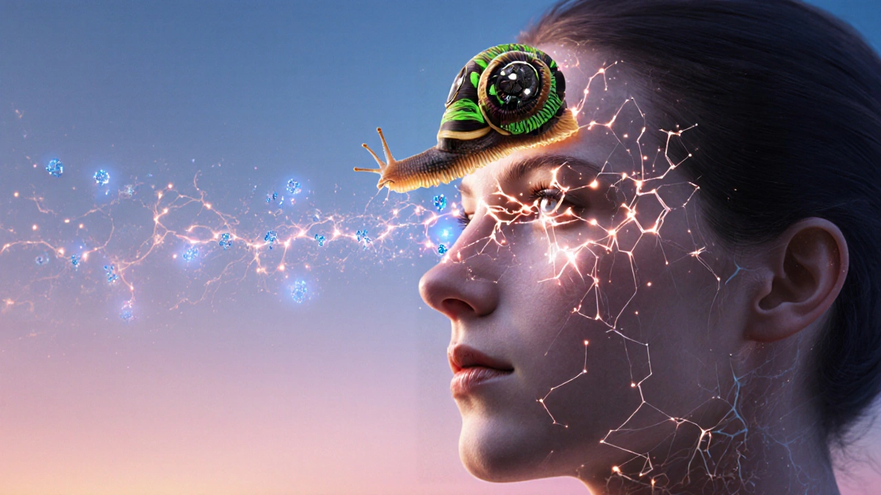 Ilustración simbólica de un caracol cuya huella se convierte en fibras de colágeno y antioxidantes sobre una cara humana radiante.