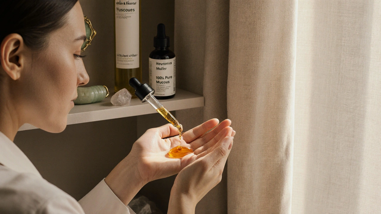 Mano de mujer aplicando suero de mucosidad de caracol con un gotero, junto a frascos de cosméticos naturales y rodillos de jade.