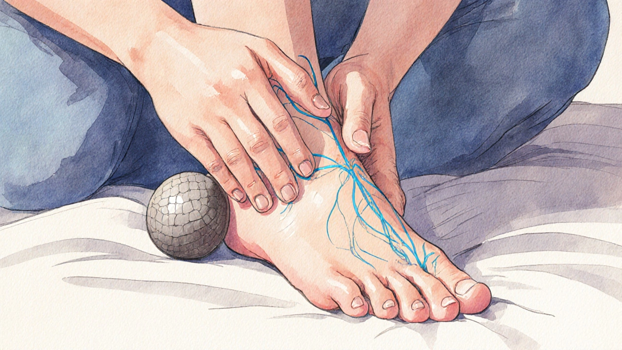 Manos y pies aplicando presión en puntos clave de acupresión: LV-3 y SP-6, con una pelota de masaje bajo el pie.