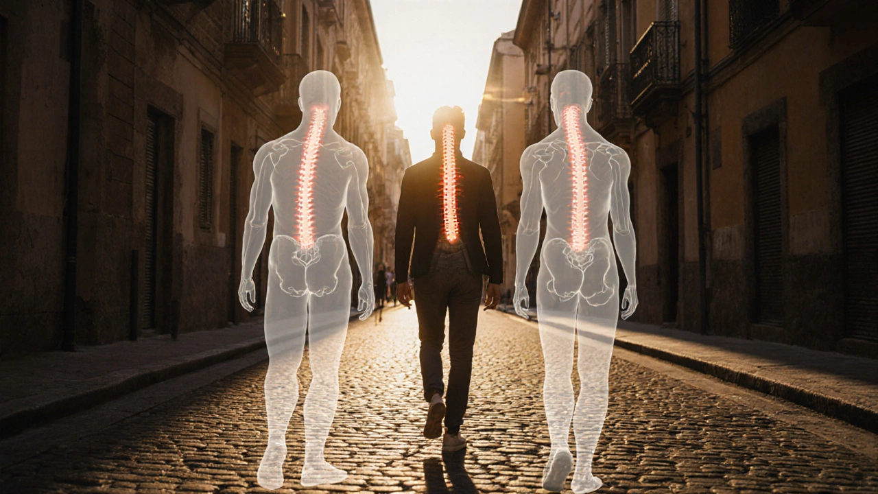 Persona caminando con postura erguida tras completar el programa de Rolfing, con sombras de su antigua postura desvaneciéndose.