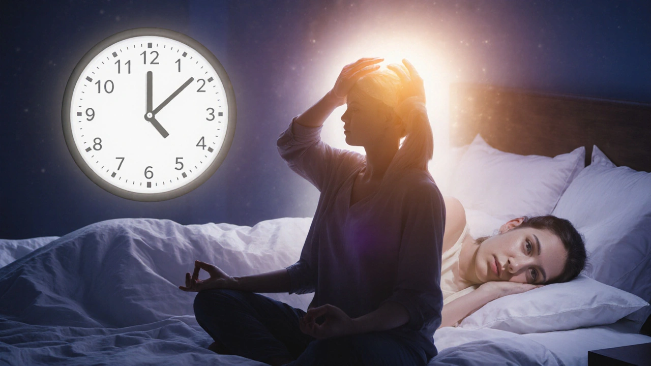 Persona relajada en la cama al dormir, aplicando presión suave en la base del cráneo y la parte superior de la cabeza.