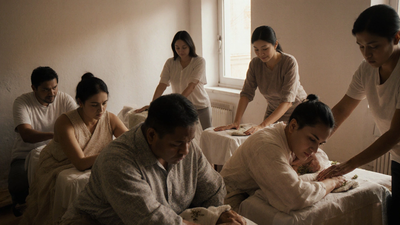 Personas en ciudades españolas recibiendo sesiones auténticas de hilot con terapeutas filipinos.