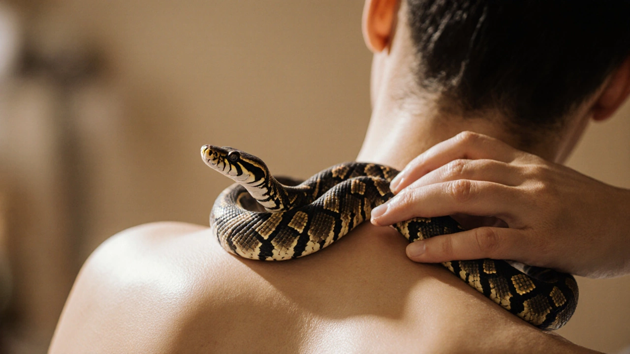 Plano cercano de una serpiente enroscada sobre la espalda humana, bajo una luz suave que resalta la conexión entre piel y escamas.