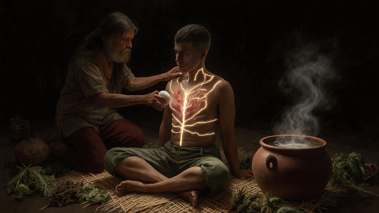 Practicante de hilot usa un huevo crudo para detectar bloqueos energéticos en el cuerpo de un hombre.