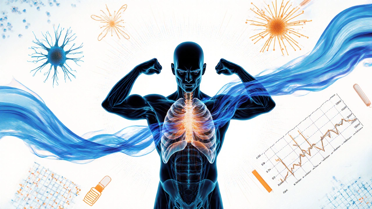 Silueta humana con patrones de tensión muscular disolviéndose en corrientes de energía, integrando elementos científicos.