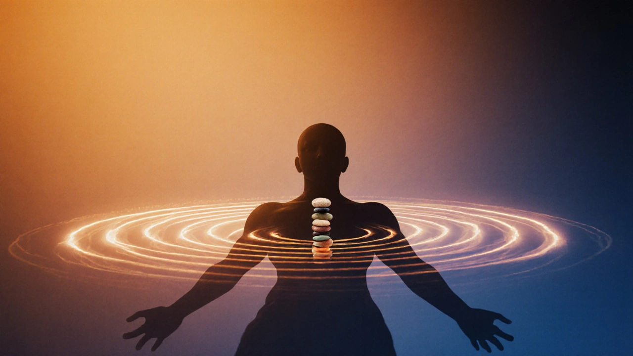 Silueta humana rodeada de ondas de calor que emanan de piedras en puntos clave del cuerpo.