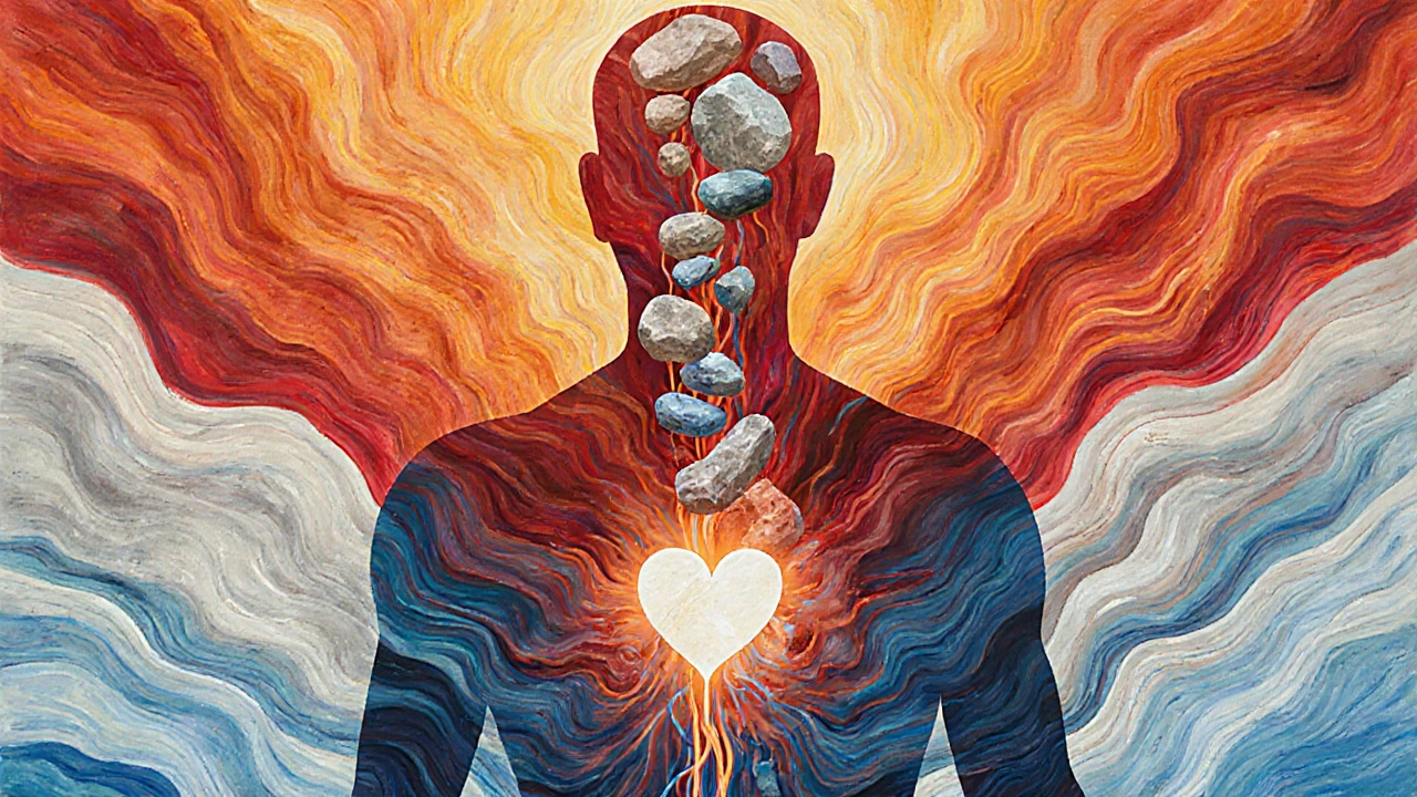 Silueta humana rodeada por piedras calientes y frías que representan equilibrio térmico y restauración del cuerpo.