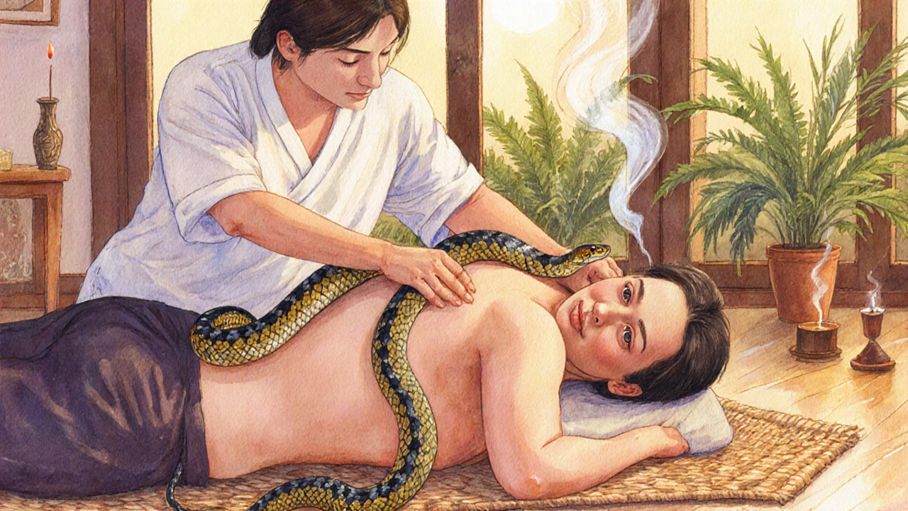 Terapeuta coloca una pitón bola sobre los hombros de un cliente en un centro de bienestar tailandés.