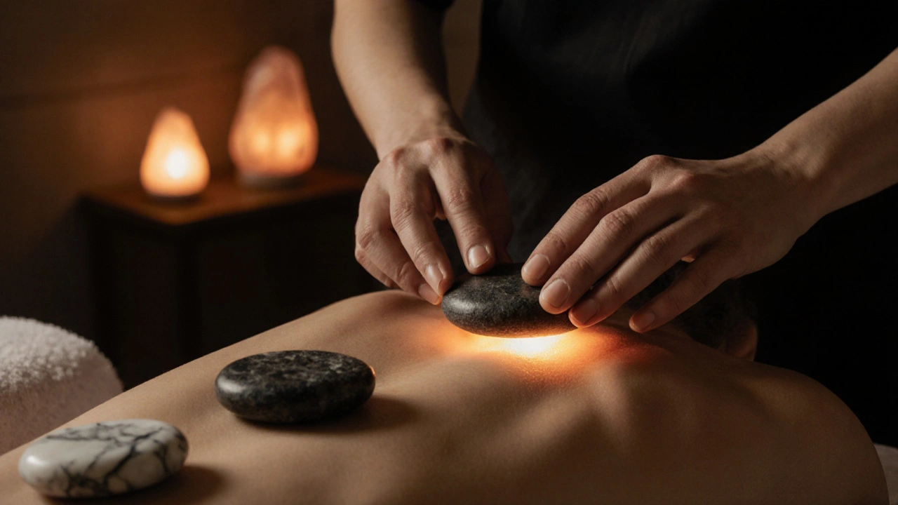 Terapeuta desliza una piedra volcánica caliente por la espalda, mientras piedras frías descansan en la frente y el pecho.