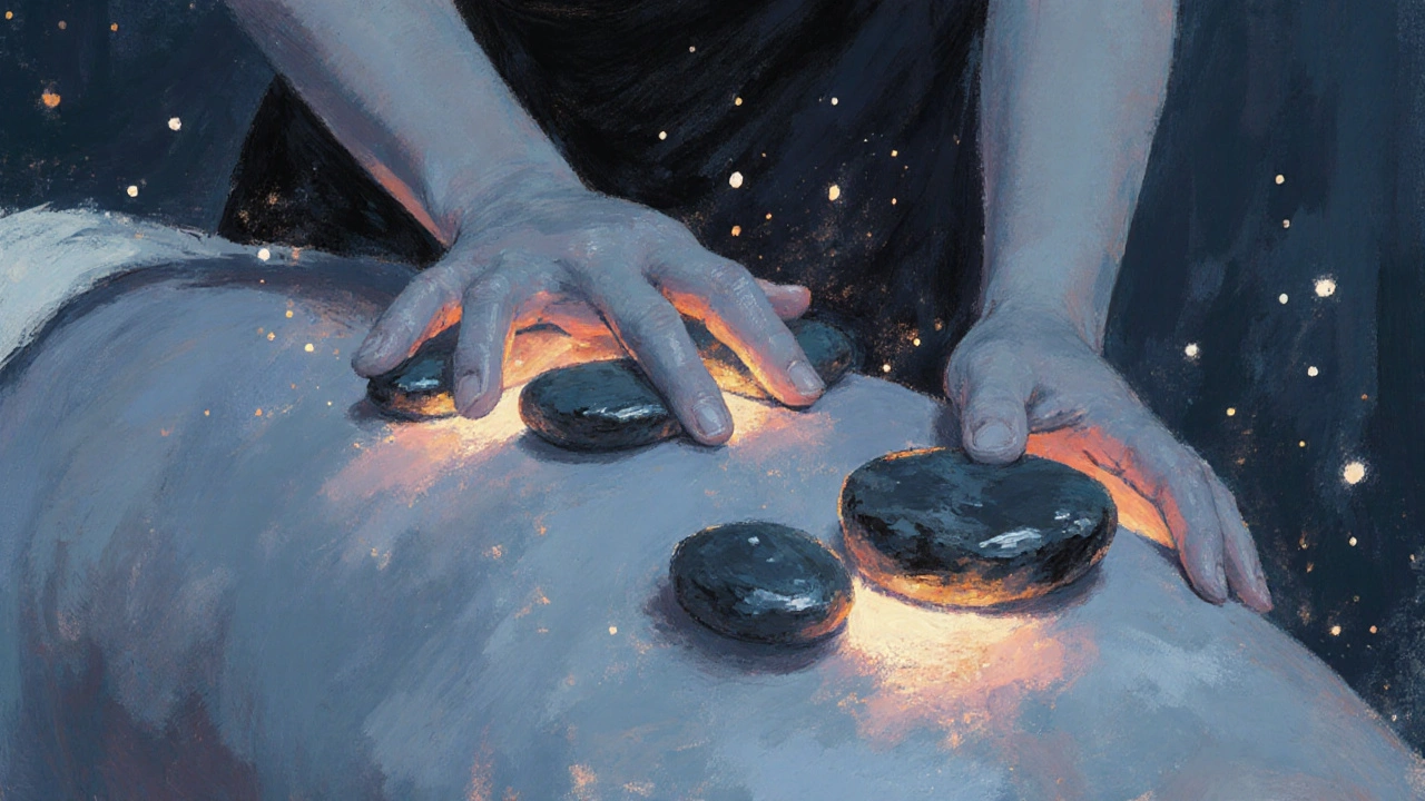 Terapeuta deslizando piedras calientes sobre la espalda de un cliente, con efectos de calor sutiles.