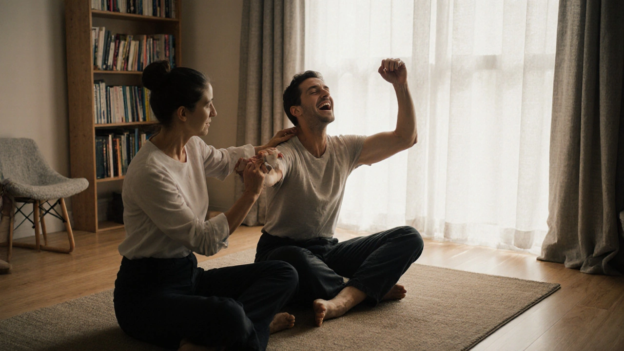 Terapeuta y cliente en el suelo, el cliente liberando una emoción intensa mientras el terapeuta ofrece apoyo físico.