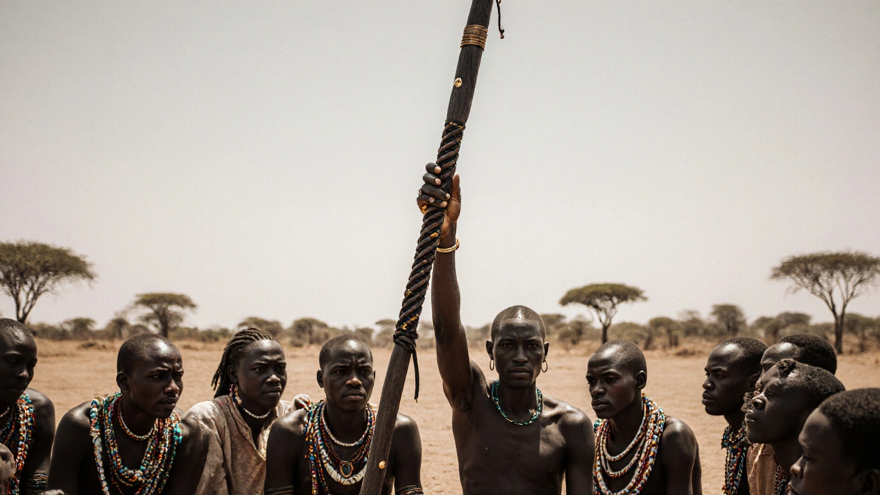 Un líder Samburu levanta un rungu mientras su comunidad guarda silencio en una reunión tribal.