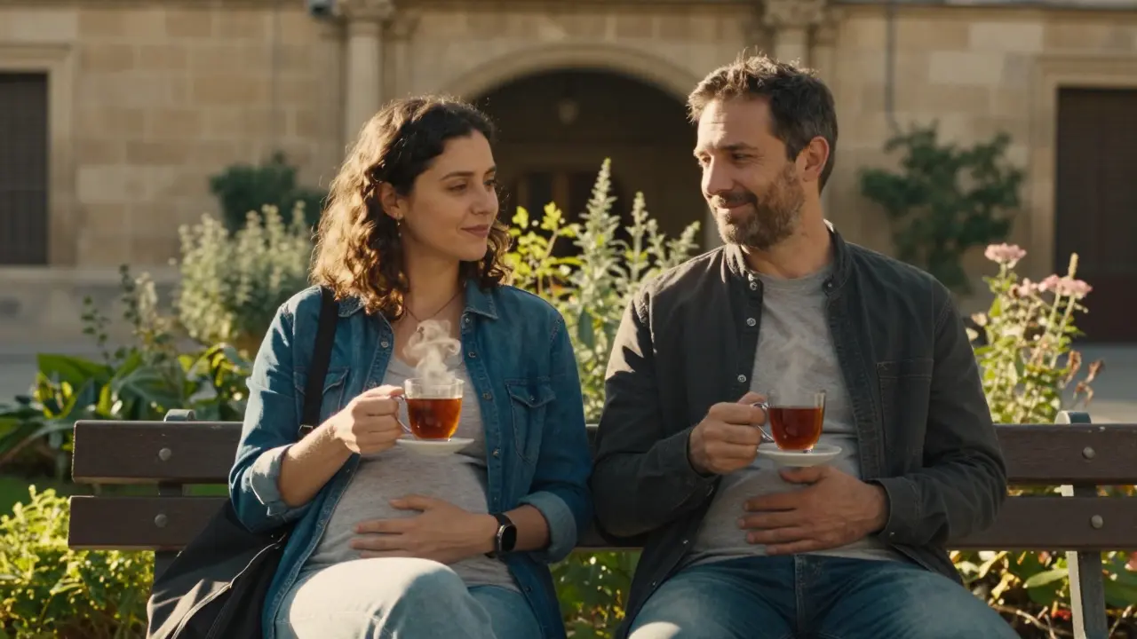 Hombre y mujer sentados en un banco al atardecer, con las manos sobre el abdomen, sonriendo tranquilamente en un jardín.