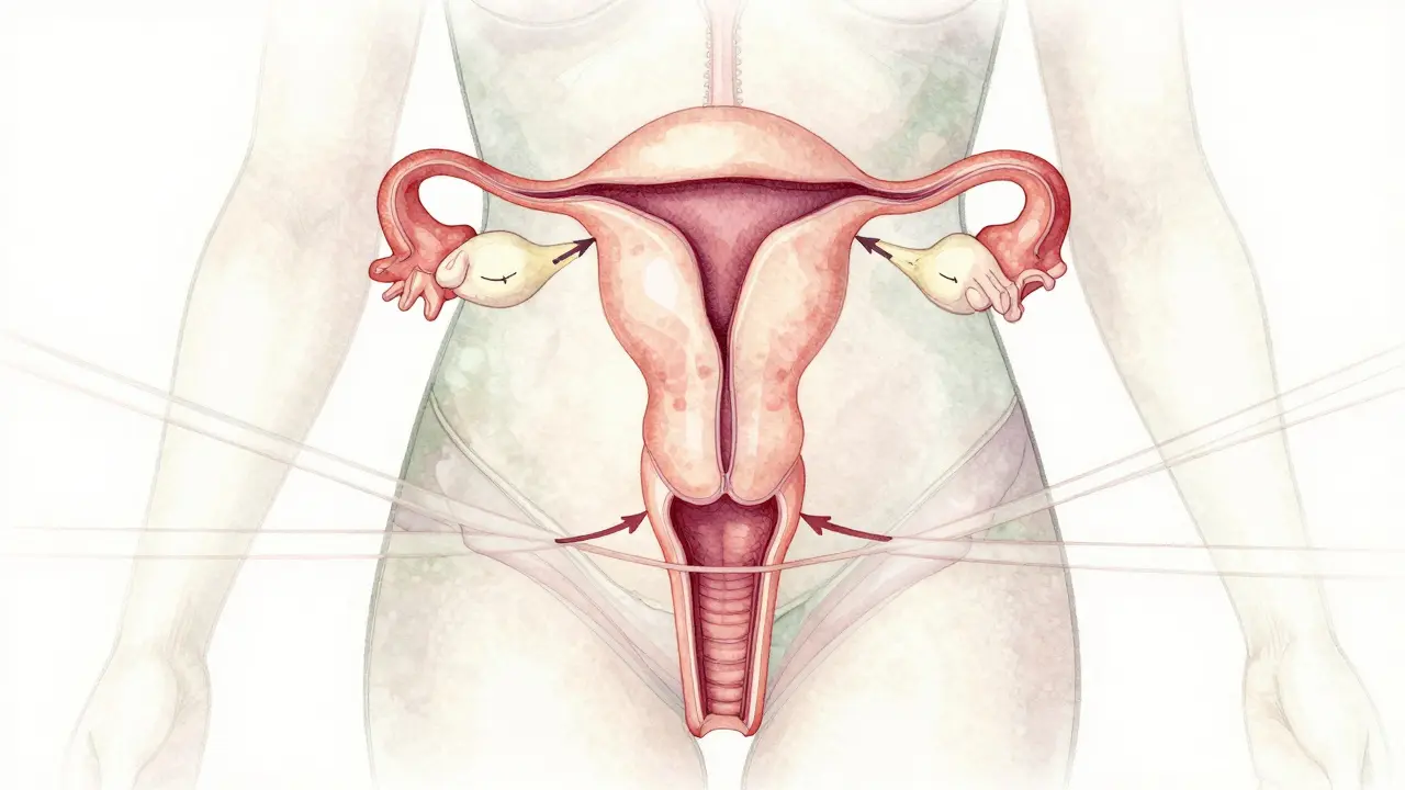 Ilustración anatómica sutil que muestra el útero reubicado y el flujo de sangre y linfa en órganos pélvicos sin textos.