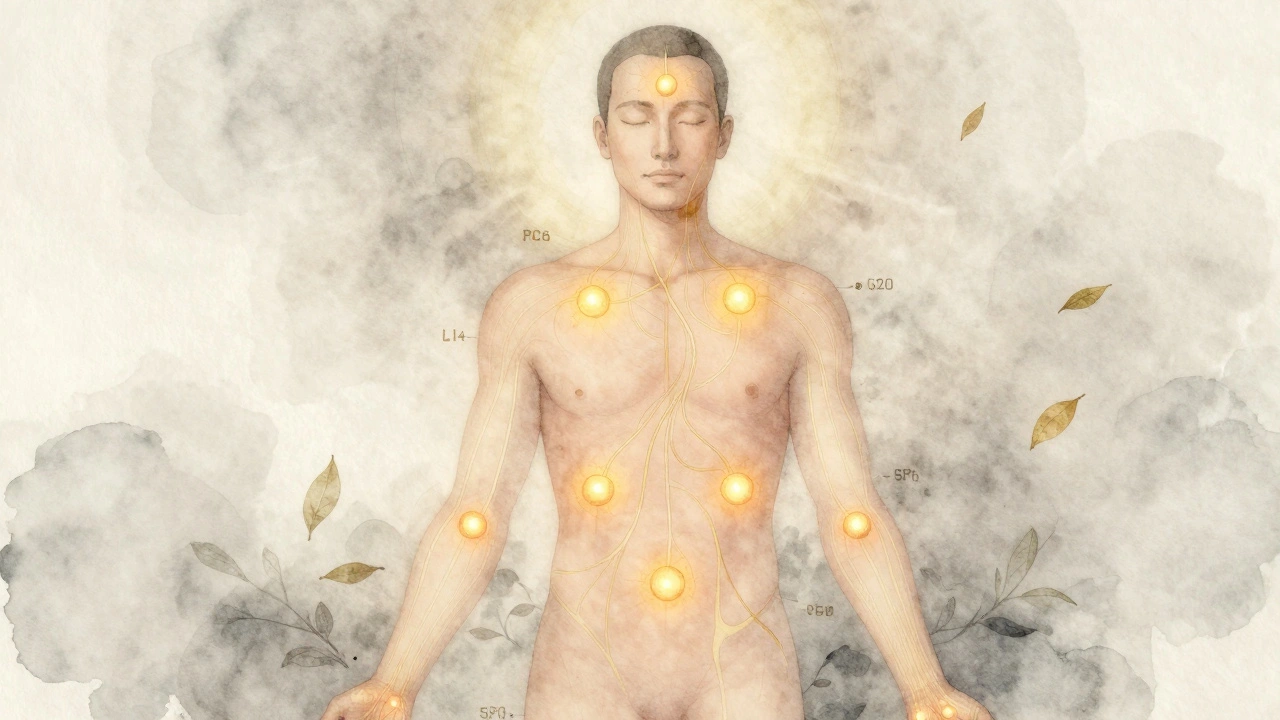 Ilustración de cuerpo humano con puntos de acupresión brillantes y líneas de energía sutiles.