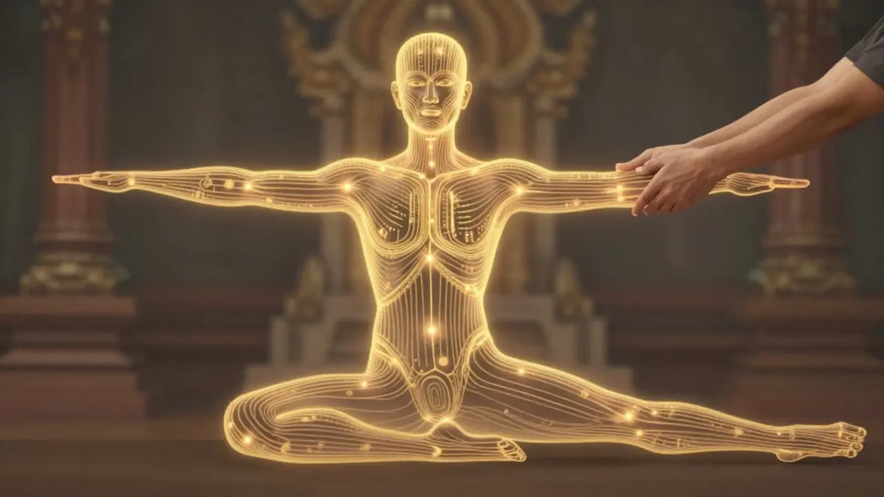 Ilustración de líneas de energía doradas recorriendo el cuerpo durante un masaje tailandés, combinando presión y estiramientos suaves.