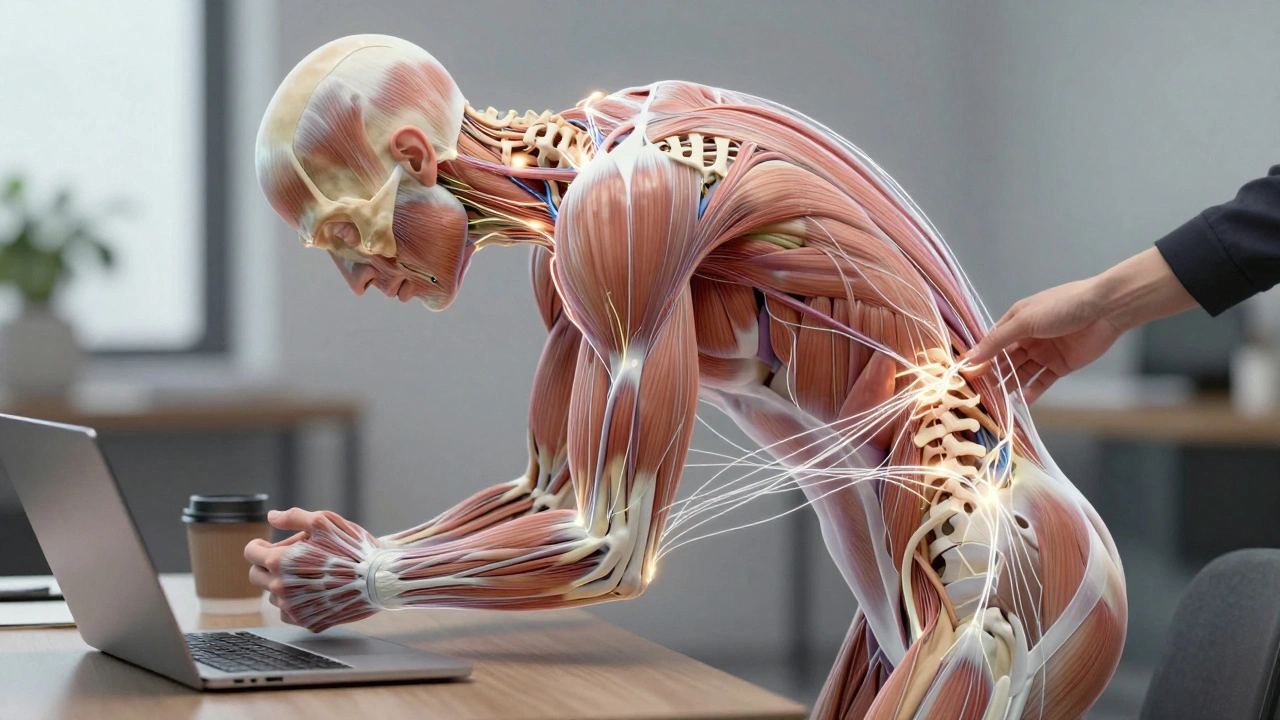 Ilustración del cuerpo con redes fasciales tensas por mala postura, siendo restauradas por luz y mano terapéutica.