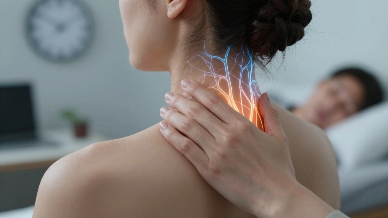 Mano aplicando presión en GB20 con representación visual de señales nerviosas y relajación.