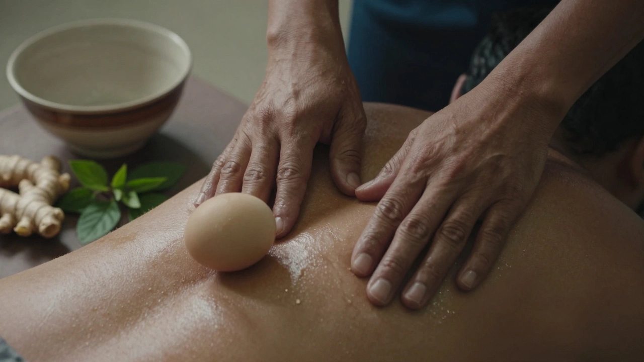 Manos de un manghihilot masajeando un hombro con aceite y huevos, mientras hierbas tradicionales están cerca.