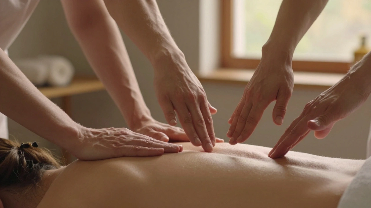 Manos realizando los cinco movimientos clásicos del masaje sueco sobre la piel de la espalda.