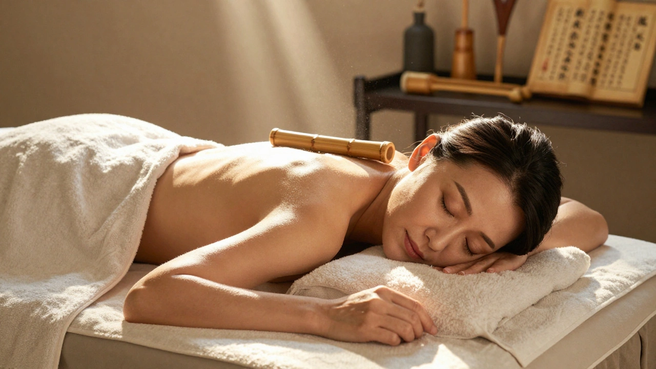 Mujer relajada y dormida tras un masaje de bambú, con piel suave y luz cálida resaltando su serenidad.