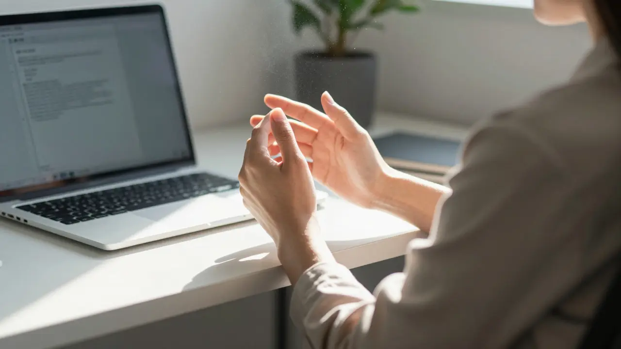Persona ejerciendo presión en la mano entre el pulgar e índice bajo la mesa en la oficina.