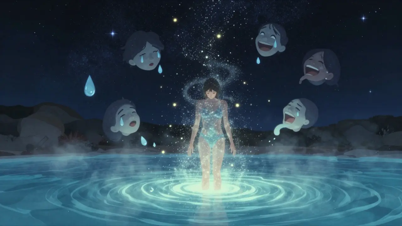 Persona en baños termales bajo las estrellas, su cuerpo se disuelve en partículas de luz que se elevan hacia el cielo.