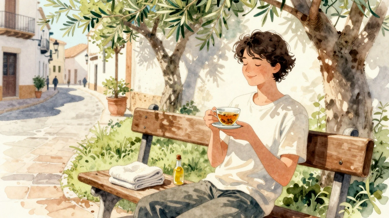 Persona relajada en un patio soleado tras un masaje, sosteniendo una taza de té con calma.