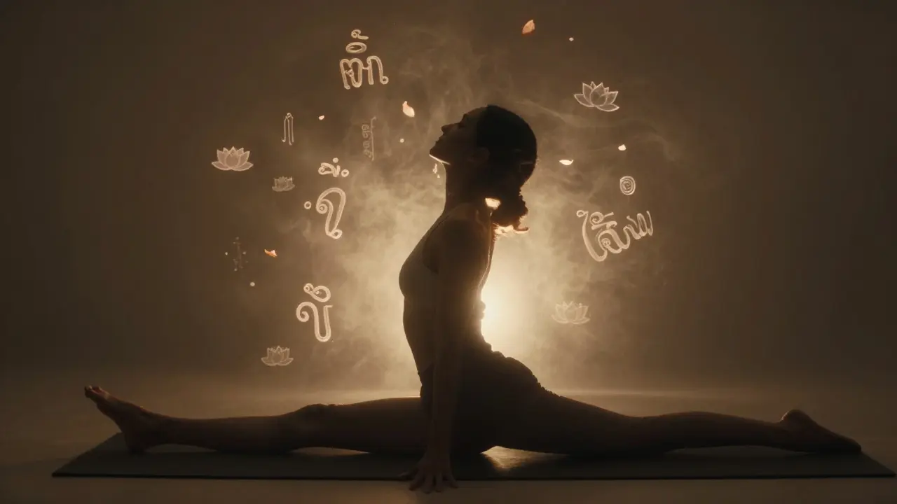 Silueta de persona liberando tensión corporal con luz dorada, símbolos tailandeses y pétalos de loto flotando alrededor.