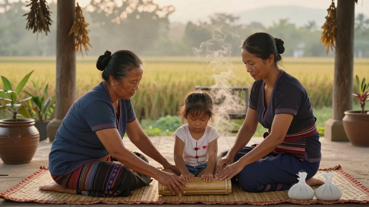 Tres generaciones practicando hilot en un patio filipino al amanecer, con hierbas y rodillos de bambú.