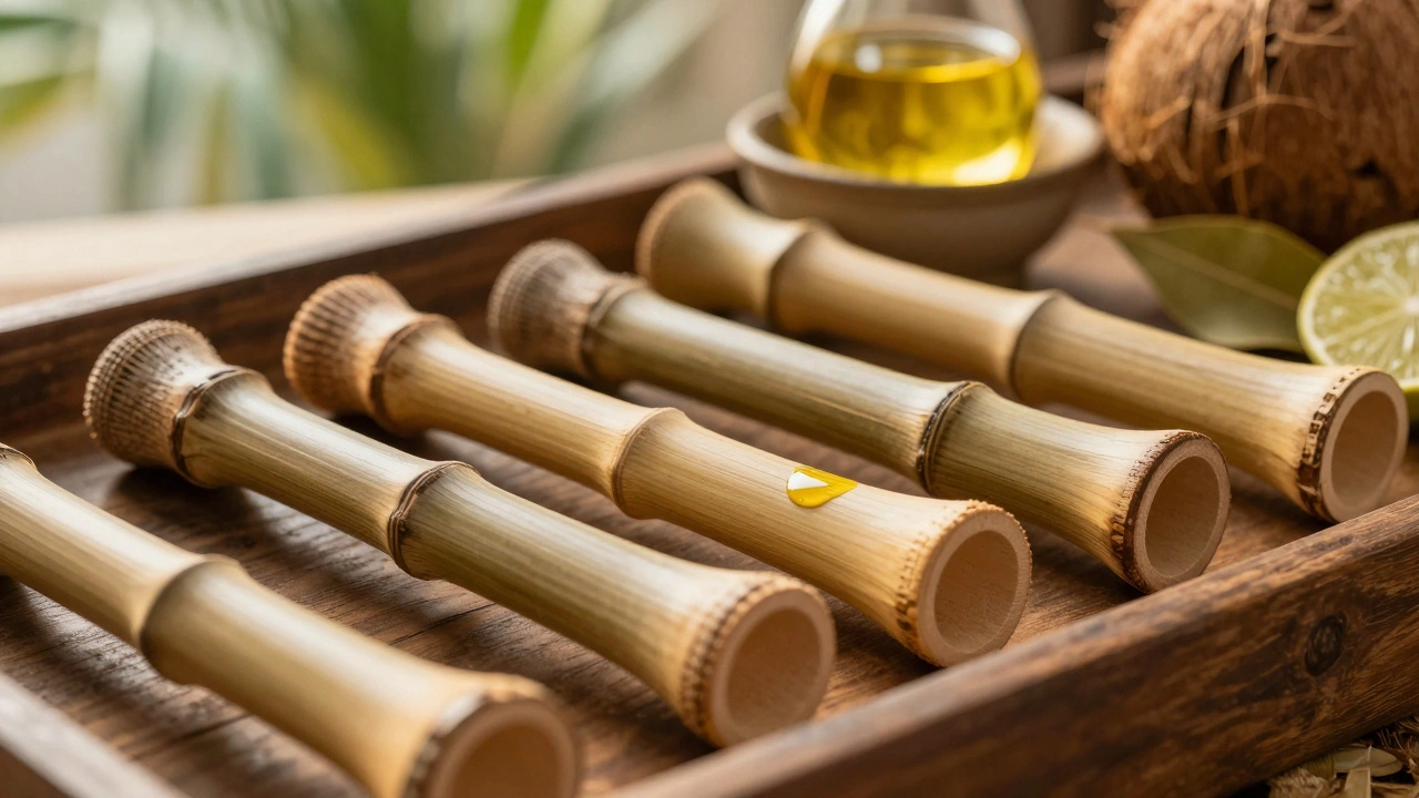 Varillas de bambú artesanales y aceites naturales dispuestas sobre una bandeja de madera, evidenciando técnicas ancestrales.