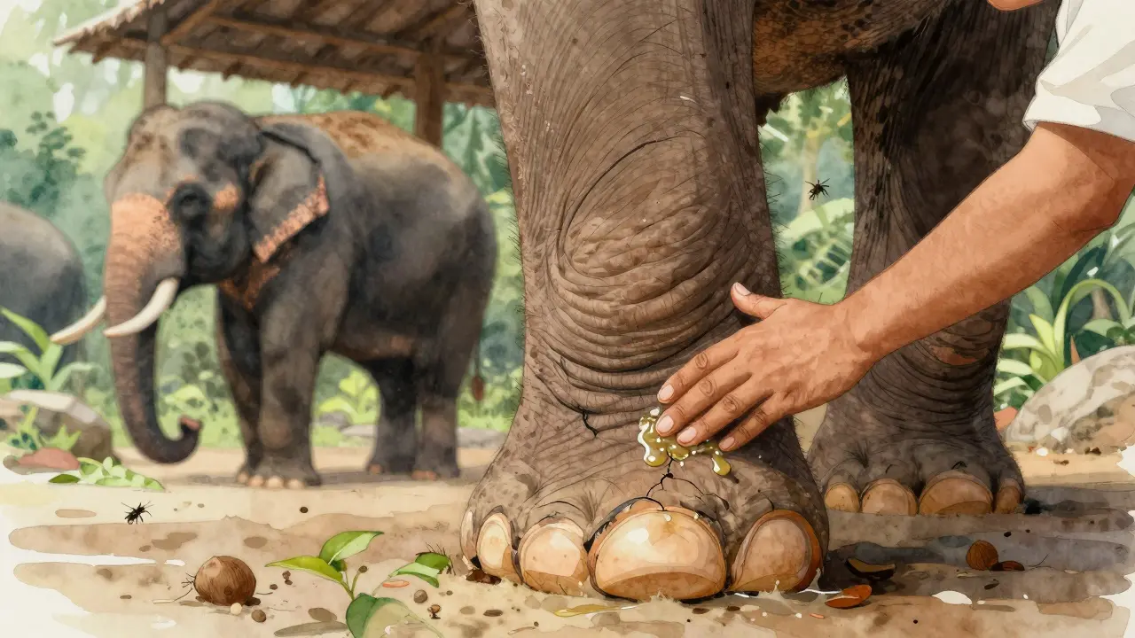 Close-up de la pata de un elefante siendo tratada con aceite de coco, con manos humanas aplicando cuidado natural.