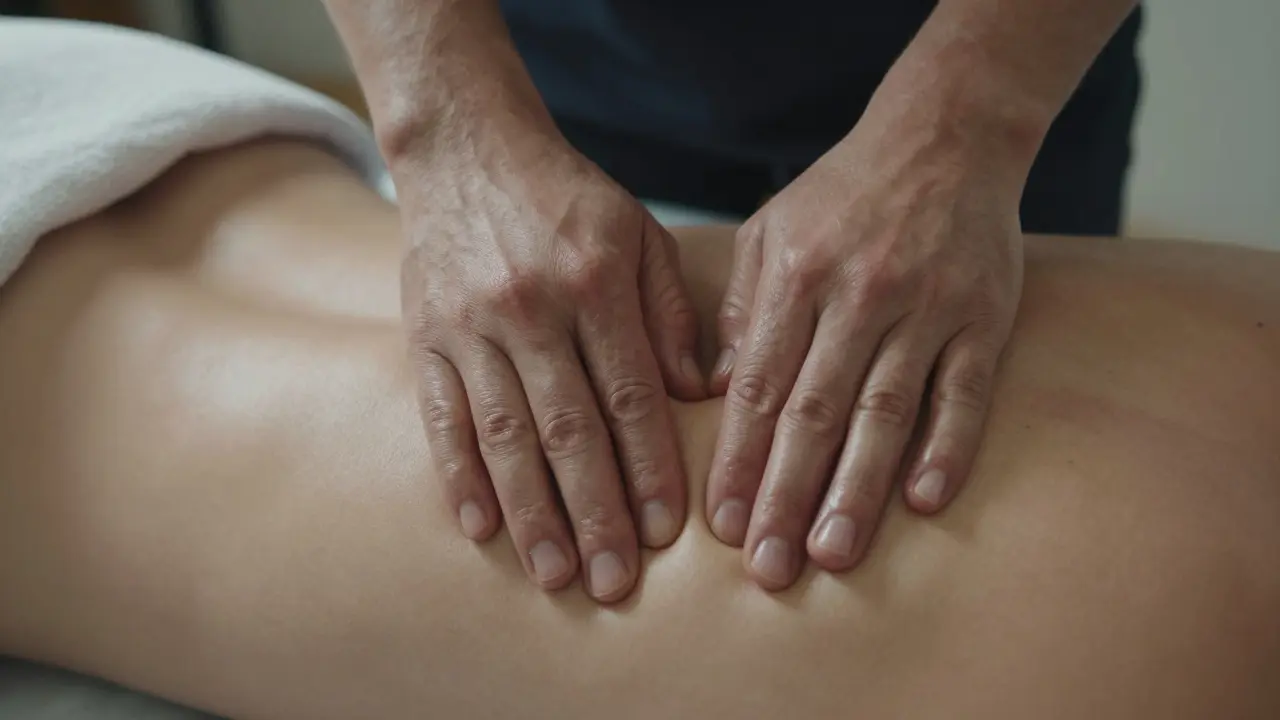 Detalle de las manos de un masajista ciego detectando tensión muscular con precisión táctil.