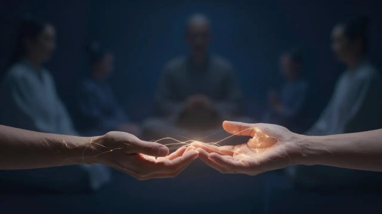 Dos manos en contacto, conectadas por hilos de energía, en un fondo oscuro que evoca la historia del masaje ciego.