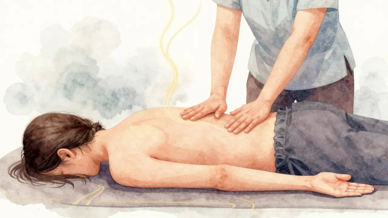 Ilustración artística de un terapeuta aplicando presión con el pie mientras el cuerpo del cliente se estira en una postura fluida.