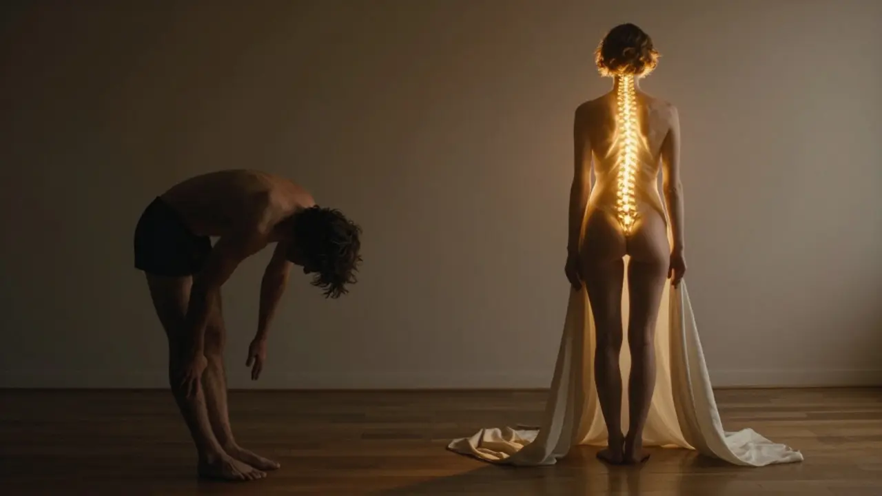 Imagen conceptual que contrasta la tensión corporal con la liberación tras un masaje thai.