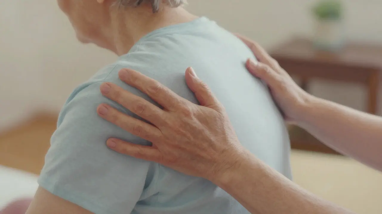 Manos suaves sosteniendo el hombro y la cadera de una persona mayor durante una sesión de Trager Therapy.