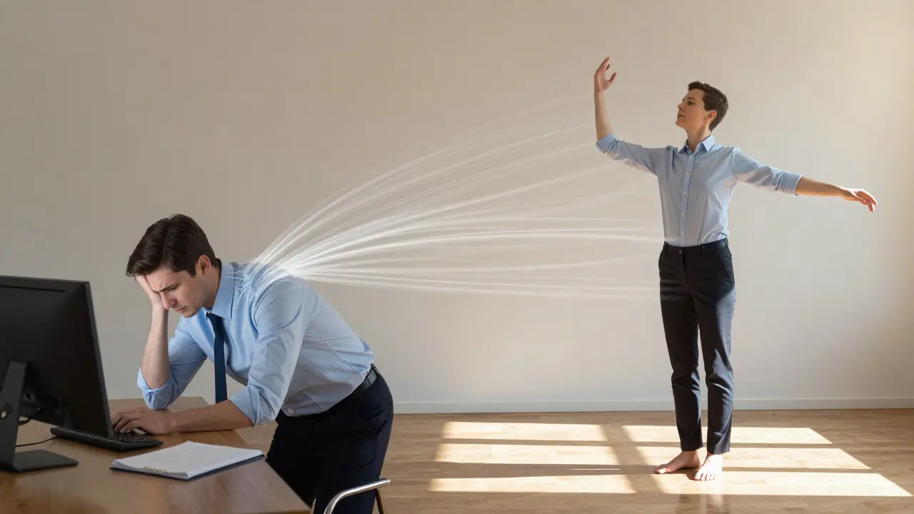 Persona antes y después de una sesión: de postura tensa frente a una pantalla a movimiento libre y tranquilo.