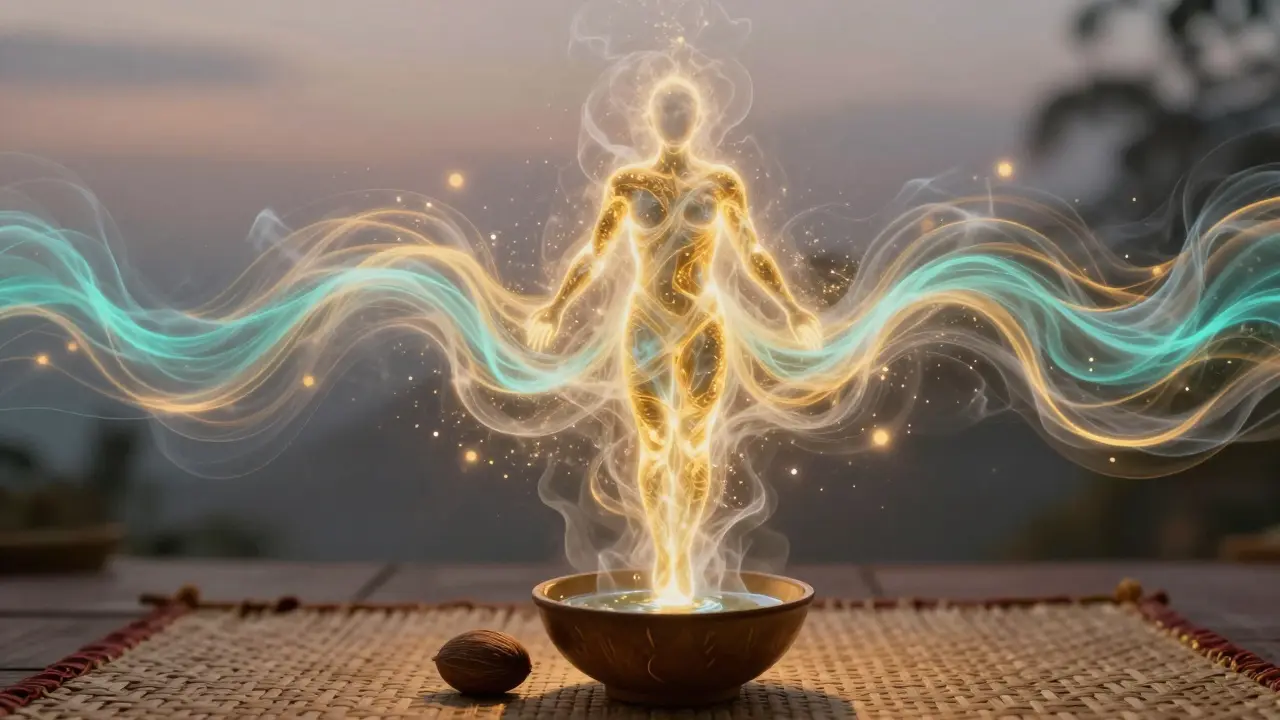 Representación abstracta de energía vital fluyendo a través del cuerpo, liberando tensiones emocionales en forma de luces suaves.