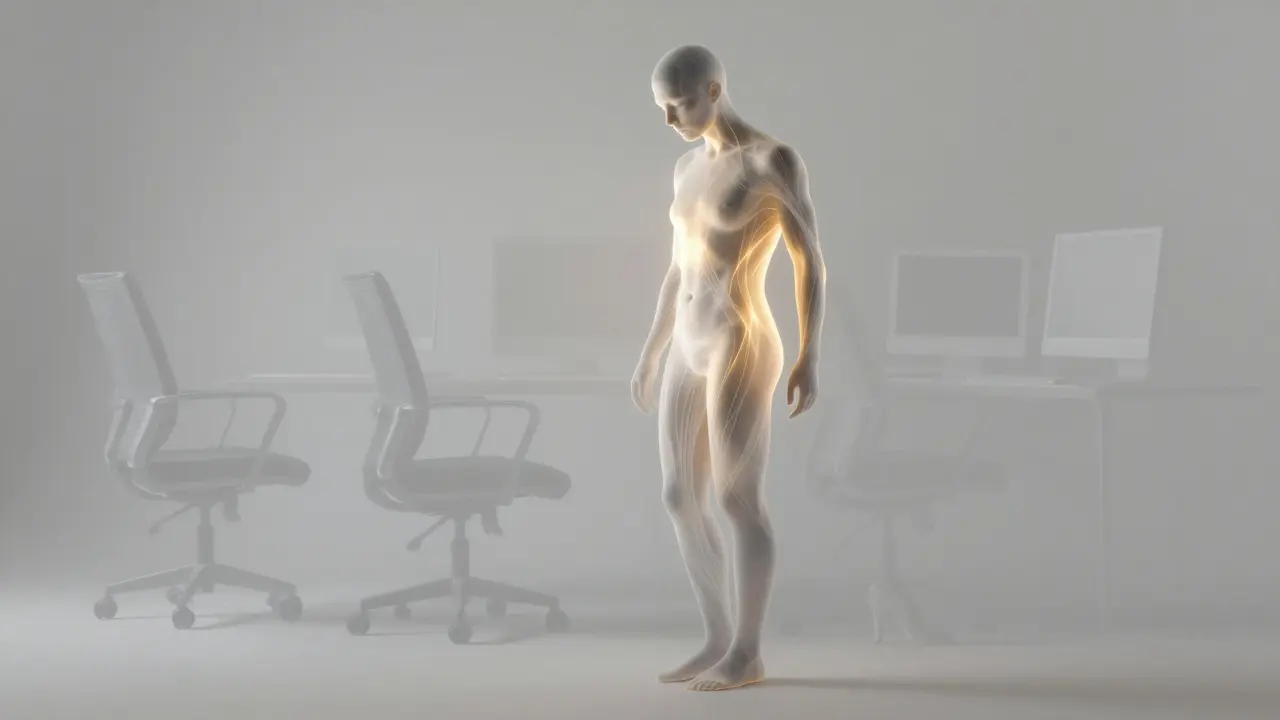 Silueta humana transformándose de una postura encorvada a una alineada, con fibras elásticas que recuperan su forma natural.