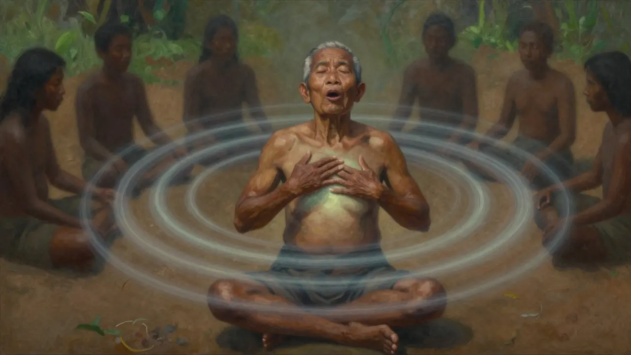 Un anciano practicando la técnica 'tugaw', con ondas invisibles de resonancia emanando de su pecho en un entorno natural y sombrío.